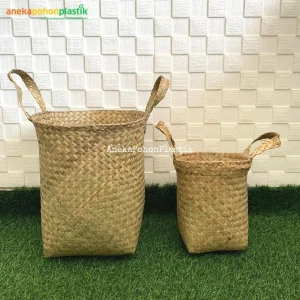 Cover Pot Anyaman Purun Keranjang Coklat Handle Serbaguna