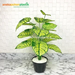 Pohon Artificial Calladium Hijau X18 Semi Latex Pot Dasar Hitam