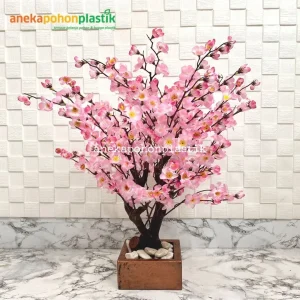 Pohon Bonsai Sakura Artificial Bunga Mei Hua Pot Kayu